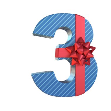 Kırmızı kurdeleli hediye kutusu 3d yazı tipi, mevcut alfabe 3d renderf, numara 3