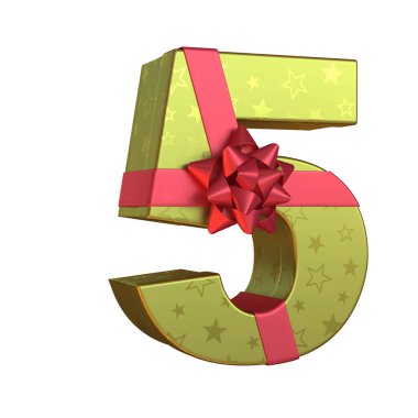 Kırmızı kurdeleli hediye kutusu 3d yazı tipi, mevcut alfabe 3d renderf, numara 5