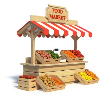 Gıda pazarı büfesi, çiftçi alışverişi, çiftlik gıda tezgahı, meyve ve sebze standı 3D.