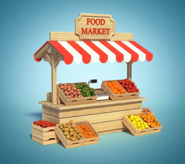 Gıda pazarı büfesi, çiftçi alışverişi, çiftlik gıda tezgahı, meyve ve sebze standı 3D.