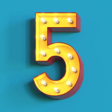 Ampul parlayan yazı tipi, 3d alfabe karakteri, 3d görüntüleme, 5 numara