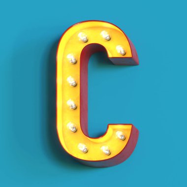 Ampul parlayan yazı tipi, 3d alfabe karakteri, 3d görüntüleme, C harfi.