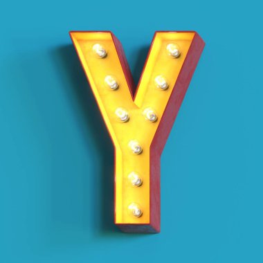 Ampul parlayan yazı tipi, 3d alfabe karakteri, 3d görüntüleme, Y harfi