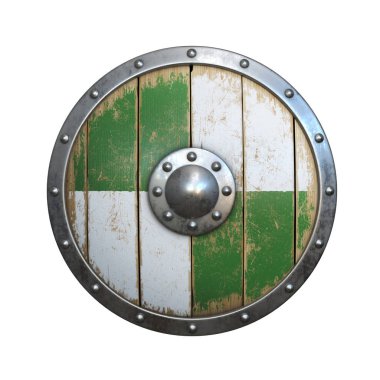 Ortaçağ ahşap yuvarlak kalkanı, Viking kalkanı yeşil ve beyaza boyanmış, beyaz arka planda izole edilmiş, 3 boyutlu.