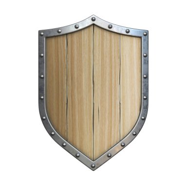 Ortaçağ ahşap kalkanı, Viking kalkanı beyaz arka planda izole edilmiş, 3D görüntüleme