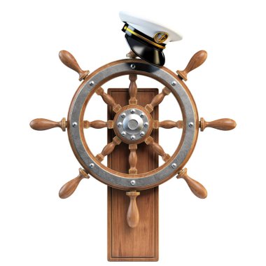 Captain hat on ship wheel isolated on white background 3d rendering clipart