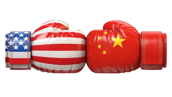 アメリカ対中国のボクシンググローブ アメリカ対中国の国際紛争や競合3Dレンダリング — ストック写真