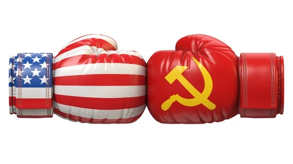 Usa对Ussr拳击手套 美国对俄罗斯国际冲突或对抗3D — 图库照片