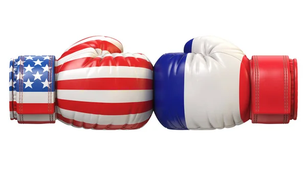 Usa对抗法国拳击手套 美国对抗法国国际冲突或对抗3D — 图库照片