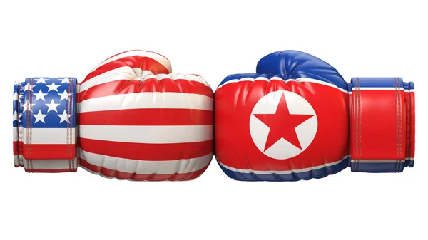 Usa Mot Nordkorea Boxningshandske Usa Mot Nordkorea Internationell Konflikt Rendering — Stockfoto