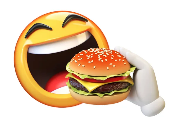 Emoji Eating Burger Isolated White Background Hungry Emoticon Rendering — Stock Photo, Image