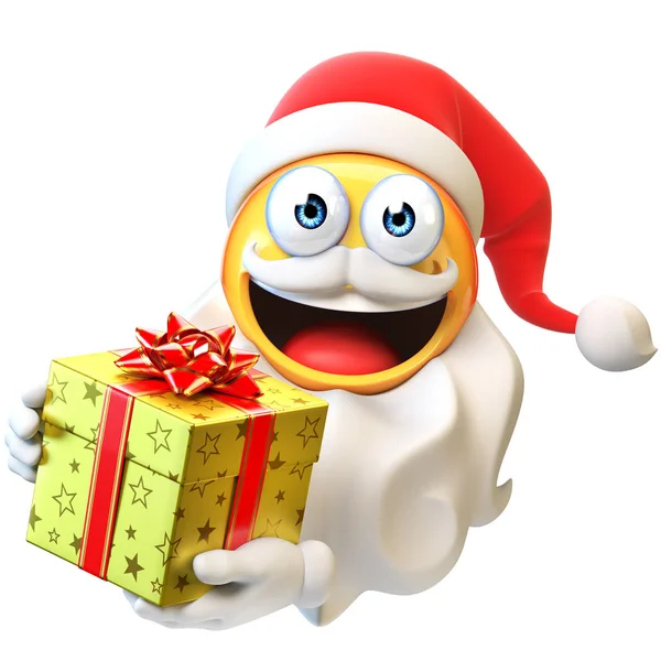 Kerstman Emoji Houden Aanwezig Emoticon Met Baard Santa Hoed Rendering — Stockfoto