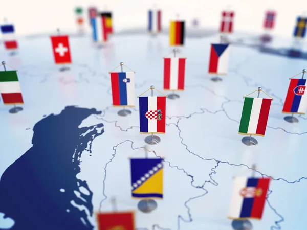 他のヨーロッパ諸国の間で焦点を当ててクロアチアの旗 テーブルフラグ3Dレンダリングでマークされたヨーロッパ — ストック写真