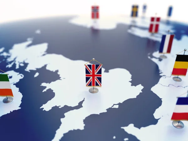 Egyesült Királyság Lobogója Más Európai Országok Lobogói Mellett Asztali Zászlókkal — Stock Fotó