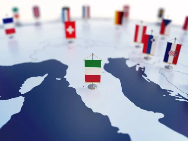 Flag of Italy in focus among other European countries flags. Europe marked with table flags 3d rendering