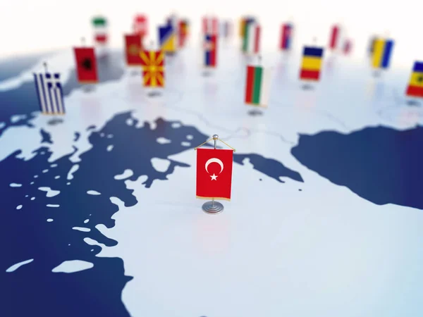 Turkiets Flagga Fokus Bland Andra Europeiska Länders Flaggor Europa Markerat — Stockfoto