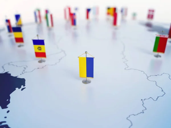 Ukrainas Flagga Fokus Bland Andra Europeiska Länder Flaggor Europa Markerat — Stockfoto