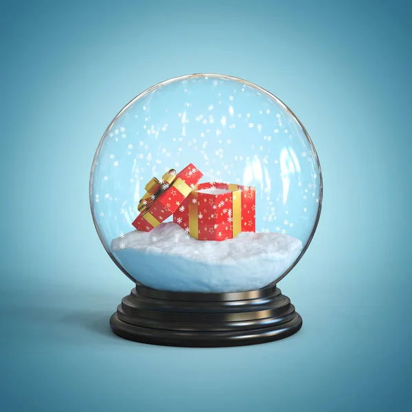 Open Gift Box Snow Globe Rendering Blue Background — Stock Photo, Image