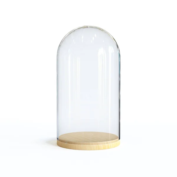 Szklana Kopuła Drewnianej Tacy Szklany Dzwon Białym Tle Renderowania — Zdjęcie stockowe