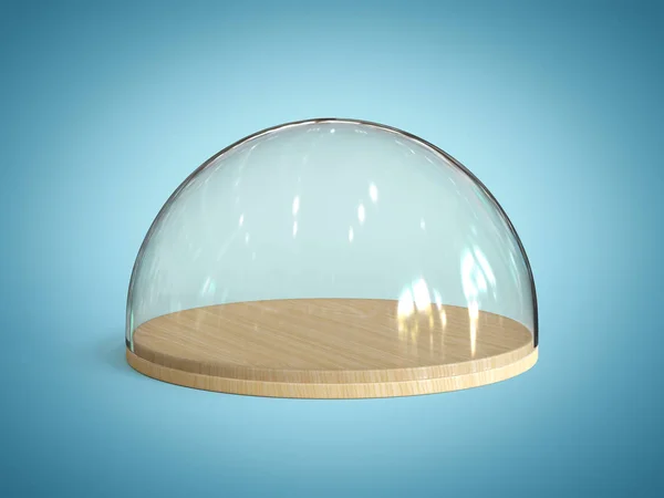 木制托盘上的玻璃穹顶蓝色背景上的玻璃铃铛3D渲染 — 图库照片