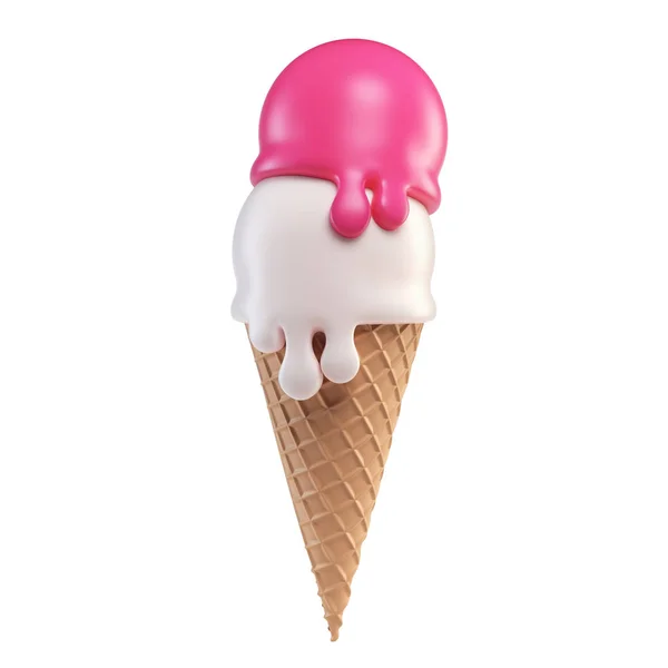 草莓冰淇淋和香草冰淇淋勺 白色背景为锥形 3D渲染 — 图库照片