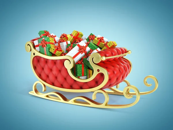 圣诞圣诞老人的雪橇上摆满了礼品盒 红色和金色的雪橇和礼物 — 图库照片