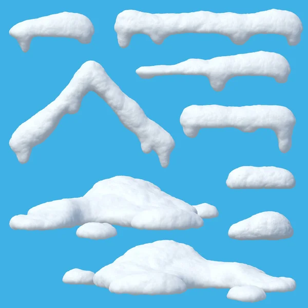 Conjunto Bonés Neve Icicles Bolas Neve Snowdrifts Isolados Fundo Azul — Fotografia de Stock
