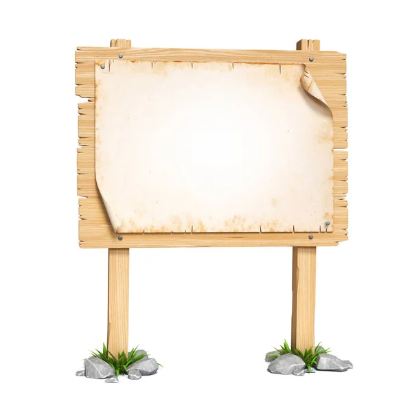 白い背景3Dレンダリングに隔離されたコピースペースポスターを持つ木製の看板 — ストック写真