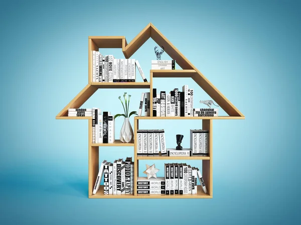 房子形状的书架 蓝色背景的家庭书架概念3D渲染 — 图库照片