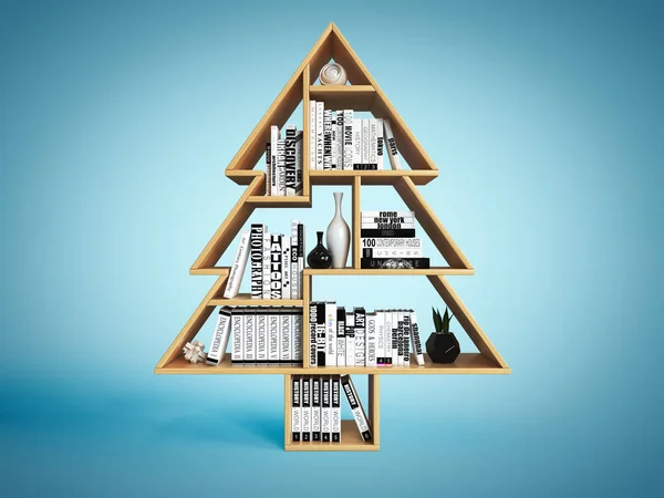 Bookshelves in the shape of Christmas tree, Xmas present, book shelf concept, 3d rendering on blue background