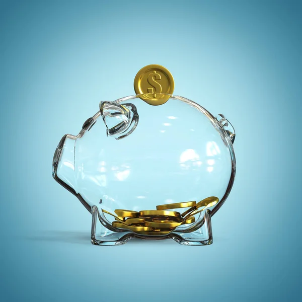 Szklana Świnka Bank Złotymi Monetami Niebieskim Tle Renderowania — Zdjęcie stockowe