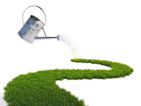 Watering Can Pouring Water Grass Pathway Growth Concept Rendering — Stock Photo, Image