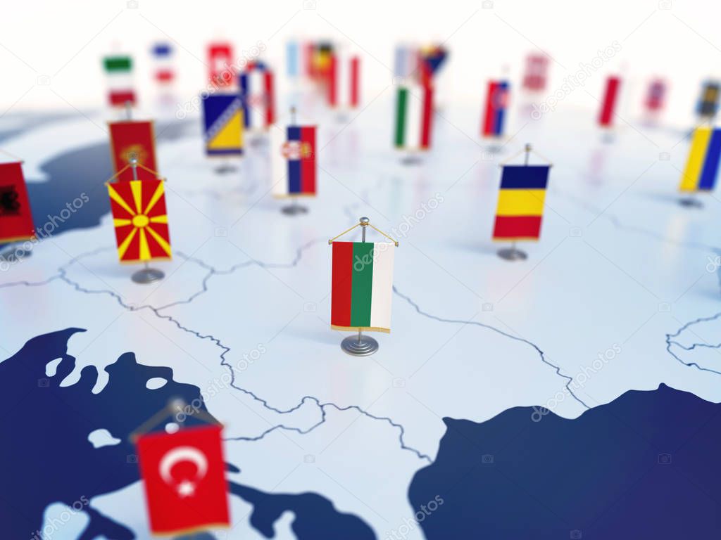 Flag of Bulgaria in focus among other European countries flags. Europe marked with table flags 3d rendering
