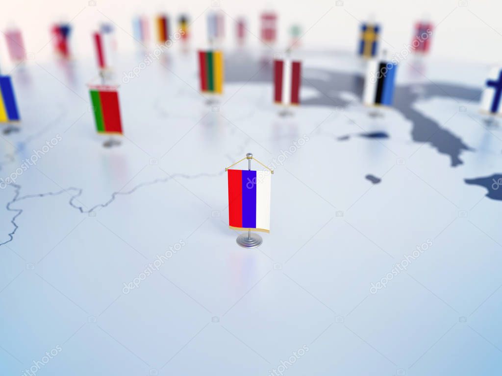 Flag of Russia in focus among other European countries flags. Europe marked with table flags 3d rendering