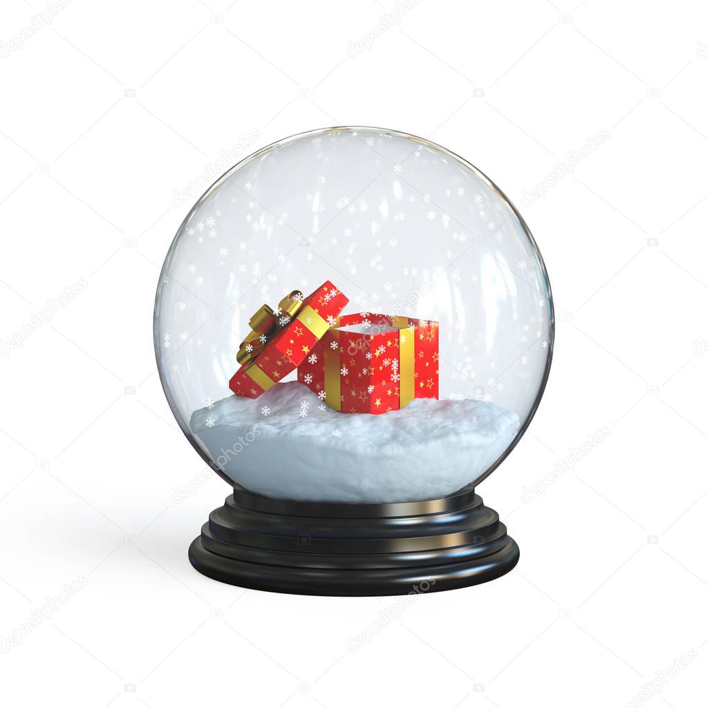 Open gift box inside snow globe 3d rendering