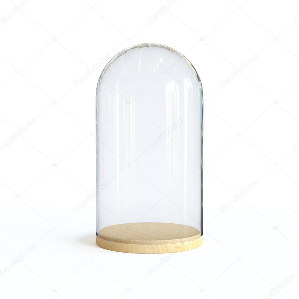 Glass dome on the wooden tray, Glass bell on white background 3d rendering