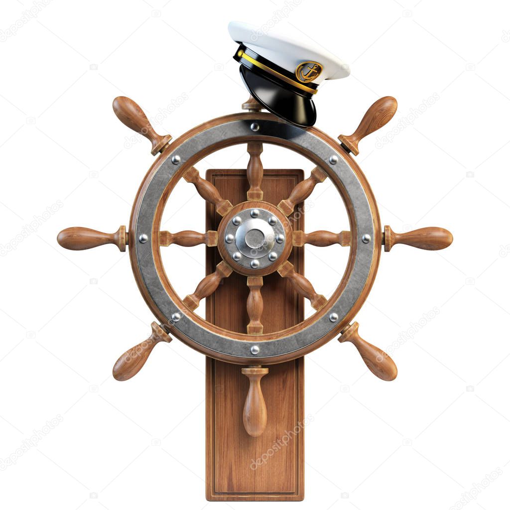 Captain hat on ship wheel isolated on white background 3d rendering