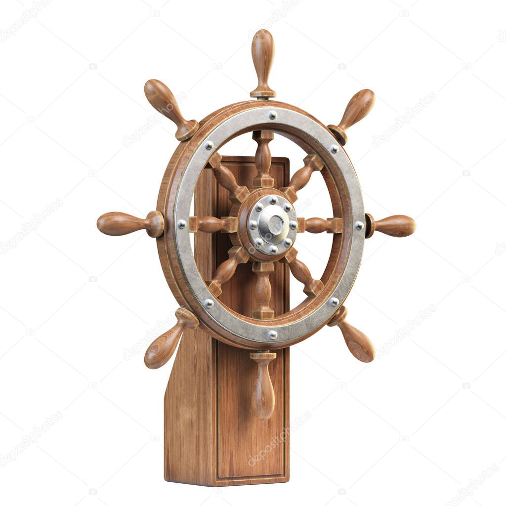 Ship wheel with stand isolated on white background 3d rendering