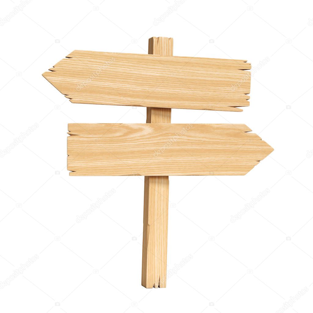 Signpost, signboard, guidepost, wooden road sign on crossroad 3d rendering
