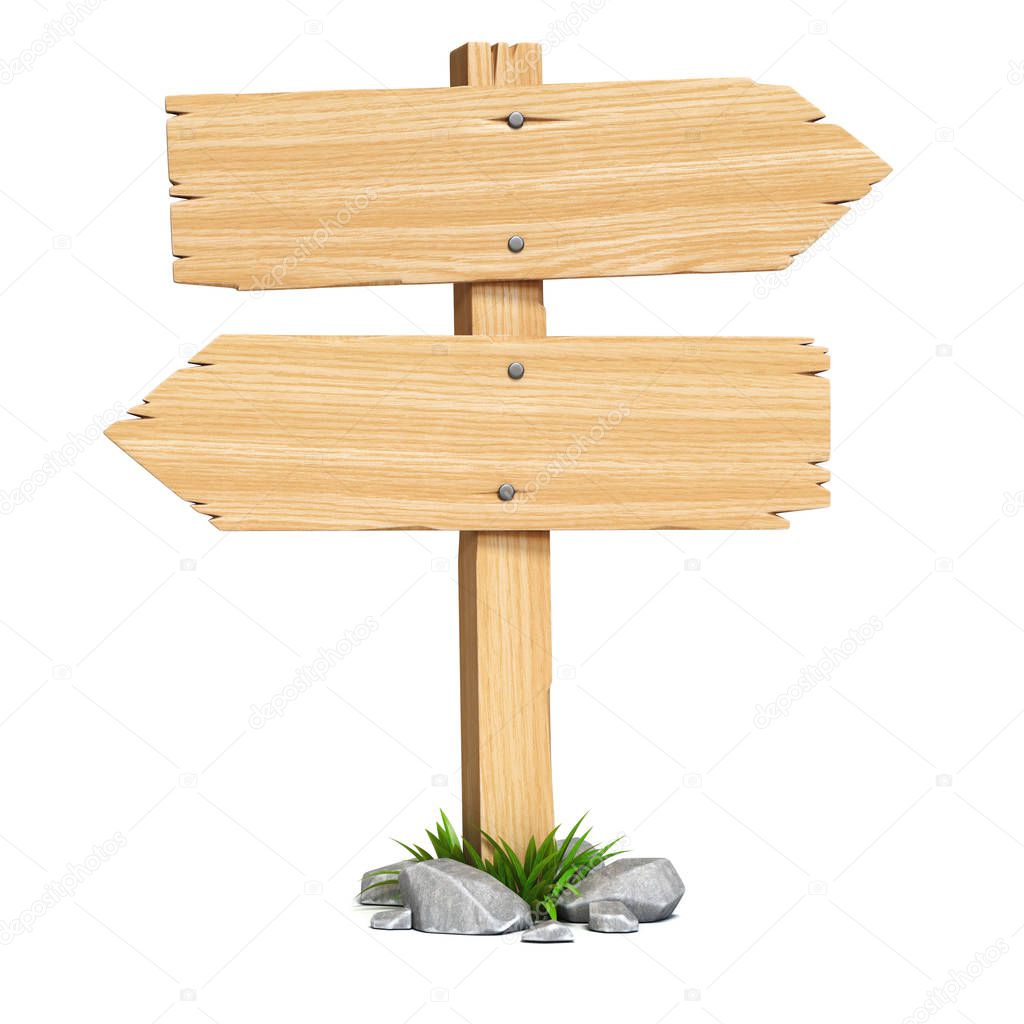 Signpost, signboard, guidepost, wooden road sign on crossroad 3d rendering