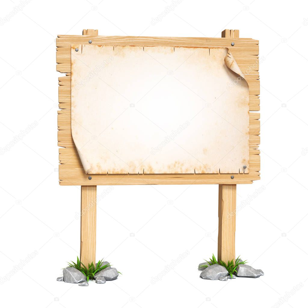 Wooden sign board with copy space poster isolated on white background 3d rendering