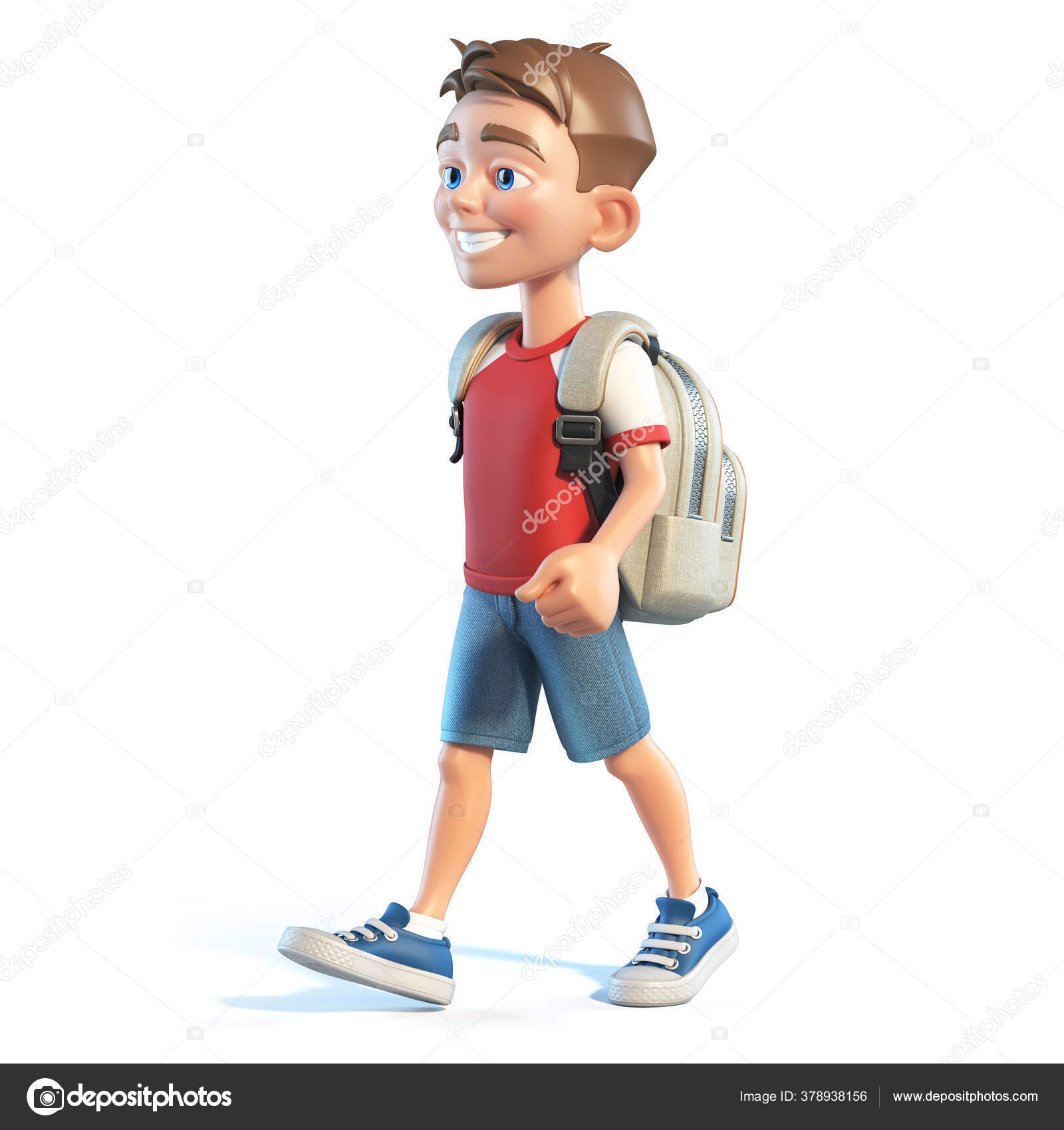 Young Boy School Bag Walking Stylized Cartoon Character School Kid