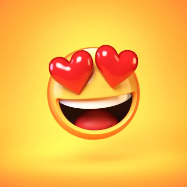 Aşık olan emoji sarı arka planda izole edilmiş, kalp şeklinde gözler ifade eden dil 3D