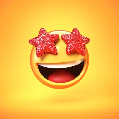 Sarı arkaplanda izole edilmiş yıldız gözü emojisi, göz alıcı ifade 3D görüntüleme
