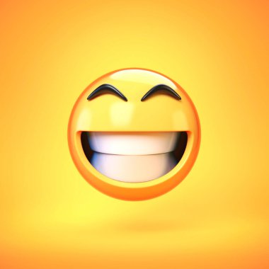 Sarı arka planda izole edilmiş mutlu emoji, gülen yüz ifadeleri 3D görüntüleme