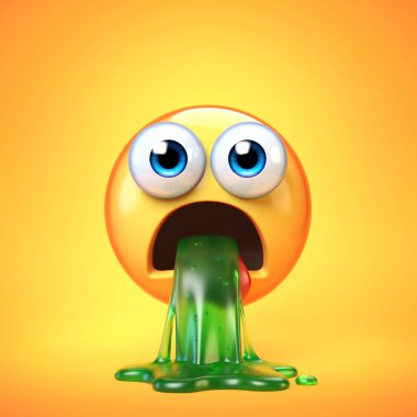 Kusan emoji beyaz arka planda izole edilmiş, tiksinmiş ya da hastalıklı ifade, kusan emoji 3D görüntüleme