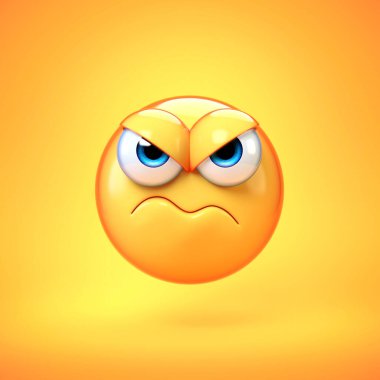 Huysuz emoji beyaz arkaplanda izole edilmiş, somurtkan ifade 3D görüntüleme