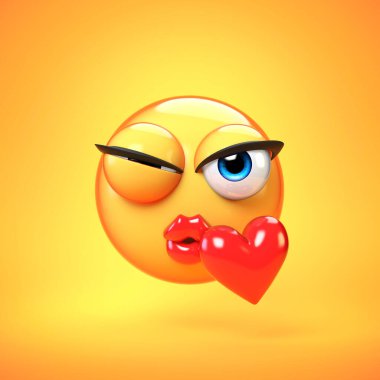 Öpücük emojisi sarı arka planda izole edilmiş, öpüşen yüz ifadeleri 3D görüntüleme