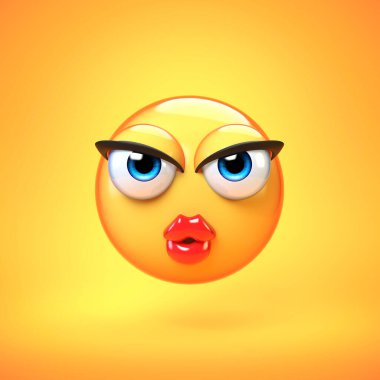 Öpücük emojisi sarı arka planda izole edilmiş, öpüşen yüz ifadeleri 3D görüntüleme