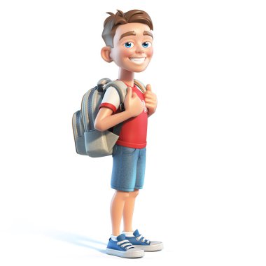 Okul çantalı genç çocuk, stilize çizgi film karakteri, okul çocuğu 3D görüntüsü.